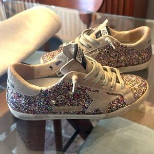 Golden Goose Superstar DB Glitter Sneakers with Gray/Pink Laces